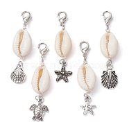 Shell Pendent Decorations, Alloy Starfish/Shell/Tortoise and Lobster Claw Clasps Charms, Antique Silver & Platinum, 53~56mm(HJEW-JM01323)