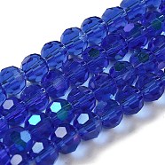 Electroplate Transparent Glass Beads Strands, Faceted, Round, Rainbow Plated, Medium Blue, 6mm, Hole: 1mm, about 98~100pcs/strand, 20.39~20.59 inch(51.8~52.3cm)(EGLA-A035-T6mm-L21)