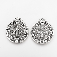 Tibetan Style Alloy Pendants, Flat Round, Cadmium Free & Lead Free, CssmlNdsmd Cross God Father Religious Christianity Pendant, Antique Silver, 45x40x3mm, Hole: 3mm(X-TIBEP-Q078-01AS-RS)