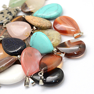 50Pcs Natural & Synthetic Mixed Gemstone Pendants, Teardrop Charms, with Platinum Tone Brass Snap on Bails, Mixed Dyed and Undyed, 25~29x16~17x5~6mm, Hole: 2x7mm(G-TA0001-47)