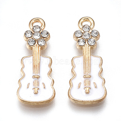 Alloy Pendants, Cadmium Free & Lead Free, with Enamel and Rhinestone, violin, Light Gold, Crystal, Creamy White, 22x8.5x2.5mm, Hole: 2mm(ENAM-S115-046D)