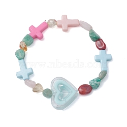 Natural Rose Quartz & Citrine & Carnelian & Amazonite & Red Aventurine & Acrylic Beaded Stretch Bracelets, Heart & Cross Bracelets for Women, Colorful, Inner Diameter: 1-7/8 inch(4.9cm)(BJEW-JB10558)