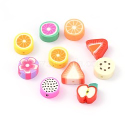 Mixed Fruit Theme Handmade Polymer Clay Beads, Mixed Color, 9~13x9~11x4~5mm, Hole: 1~2mm(X-CLAY-Q170-M)