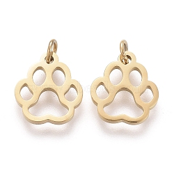 Ion Plating(IP) 304 Stainless Steel Pet Charms, Laser Cut, with Jump Ring, Dog Footprint, Golden, 9x8x0.8mm, Jump Ring: 3x0.5mm, 1.4mm Inner Diameter(X-STAS-H100-26G)