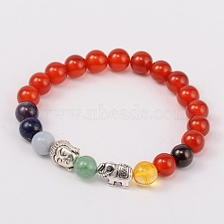 Stretch Buddhist Jewelry Multi-Color Gemstone Chakra Bracelets, with Tibetan Style Beads, Antique Silver, Red Agate, 55mm(BJEW-JB01690-05)