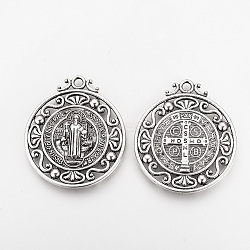 Tibetan Style Alloy Pendants, Flat Round, Cadmium Free & Lead Free, CssmlNdsmd Cross God Father Religious Christianity Pendant, Antique Silver, 45x40x3mm, Hole: 3mm(X-TIBEP-Q078-01AS-RS)