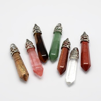 Bullet Fashion Natural & Synthetic Mixed Stone Pointed Pendants, with Platinum Plated Brass Findings, 34~45x8~10mm, Hole: 3mm