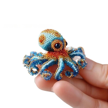 3D Octopus DIY Bead Embroidery Kits, including Resin Seed Beads, Elastic Crystal Thread, Scissors, Cotton Stuffing, Fabric, Mixed Color, 3x5.5mm, Hole: 1.5mm