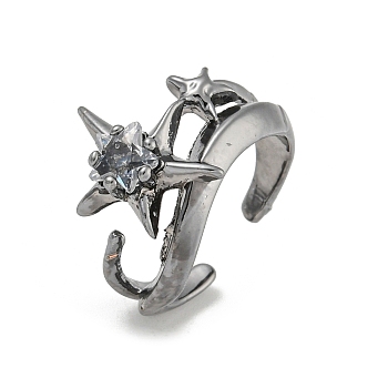 Star Zinc Alloy Open Cuff Ring, with Crystal Rhinestone, for Women, Gunmetal, 17mm, Adjustable