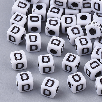 White Opaque Acrylic Beads, Horizontal Hole, Cube with Black Alphabet, Letter.D, 4~5x4~5x4~5mm, Hole: 1.8mm, about 6470~6500pcs/500g