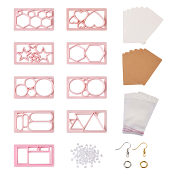 DIY Earring Making Finding Kit, Including Plastic Cutting Dies Molds, Brass Earring Hooks & Jump Rings, Plastic Ear Nuts, Paper Display Cards, OPP Bags, Pink, Mold: 9pcs/bag