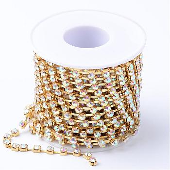 Brass Rhinestone Strass Chains, with Spool, Rhinestone Cup Chains, Raw(Unplated), Nickel Free, Crystal AB, 2.6mm, about 10yards/roll