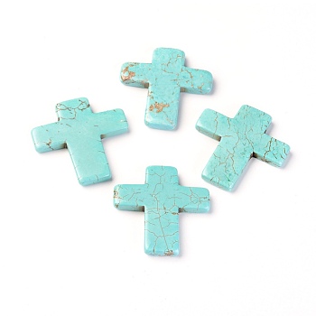 Natural Howlite Cabochons, Dyed, Cross, Turquoise, 33x33x4mm