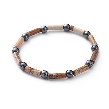 Natural Picture Jasper & Non-Magnetic Synthetic Hematite Beads Stretch Bracelets, Column and Round, 2-3/8 inch(6cm)
