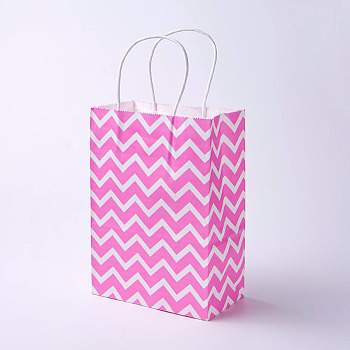 kraft Paper Bags, with Handles, Gift Bags, Shopping Bags, Rectangle, Wave Pattern, Pink, 33x26x12cm