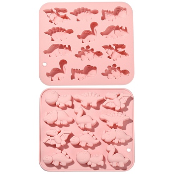 Cartoon Dinosaur Food Grade Silicone Molds, Fondant Molds, for DIY Cake Decoration, Chocolate, Candy, UV Resin & Epoxy Resin Making, Pink, 147x167x15mm, Hole: 6.5mm, Inner Diameter: 25~36x36~49mm