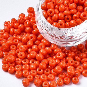 6/0 Glass Seed Beads, Baking Paint, Round Hole, Round, Orange Red, 4~5x3~5mm, Hole: 1.2~1.5mm, about 4500pcs/Pound