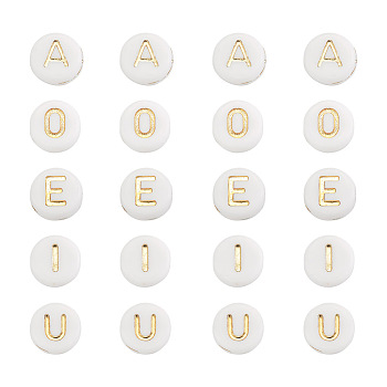 500Pcs 5 Style Plating Acrylic Beads, Golden Metal Enlaced, Flat Round with Alphabet, White, White, 7x3.5mm, Hole: 1.2mm, 100pcs/style