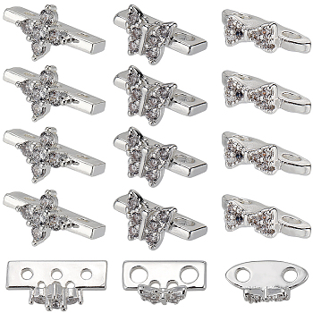 24Pcs 3 Styles Brass Pave Clear Cubic Zirconia Connector Charms, Long-Lasting Plated, Butterfly & Flower & Bowknot Links, Silver, 3~7.5x10~13x5~7mm, Hole: 1.2~1.8mm, 8pcs/style