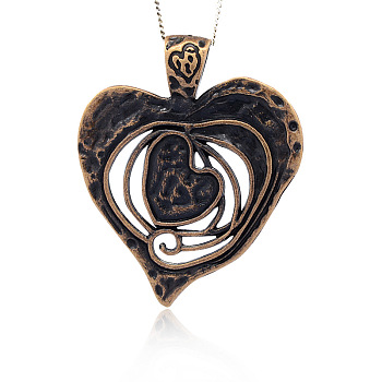 Tibetan Style Alloy Heart with Heart Large Pendants, Nickel Free, Red Copper, 77x63x2mm, Hole: 12x8mm