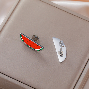 304 Stainless Steel Enamel Stud Earrings, Watermelon, Left and Right, Stainless Steel Color, 30mm