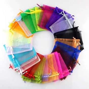 Rectangle Organza Drawstring Bags, Mixed Color, 15x10cm