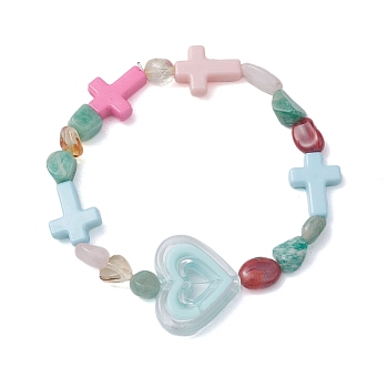 Natural Rose Quartz & Citrine & Carnelian & Amazonite & Red Aventurine & Acrylic Beaded Stretch Bracelets, Heart & Cross Bracelets for Women, Colorful, Inner Diameter: 1-7/8 inch(4.9cm)