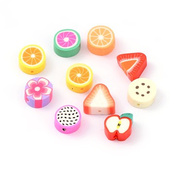 Mixed Fruit Theme Handmade Polymer Clay Beads, Mixed Color, 9~13x9~11x4~5mm, Hole: 1~2mm