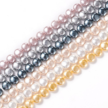 Electroplated Shell Pearl Beads Strands, Polished, Flat Round, Mixed Color, 9.5~10x5~5.5mm, Hole: 1mm, about 41pcs/strand, 16.14 inch(41cm)