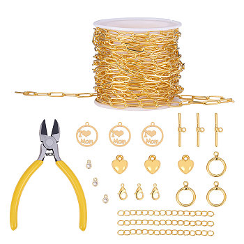 DIY Bracelets & Necklaces Making Kits, include Brass Paperclip Chains & Toggle Clasps & Lobster Claw Clasps, Brass Cubic Zirconia & CCB Plastic Charms, Golden, 11x4.3x0.7mm, 5m/set