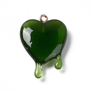 Transparent Resin Pendants, with Light Gold Iron Loops, Melting Heart Charms, Olive Drab, 30~30.5x21~21.5x7mm, Hole: 1.6mm