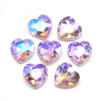 Pointed Back Glass Rhinestone Cabochons, Faceted, Back Plated, AB Color Plated, Heart, Pearl Pink, 12.2x11.8x5mm