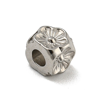 304 Stainless Steel Beads, Cube with Flower, Stainless Steel Color, 5.5x5.5x5.5mm, Hole: 2.7mm