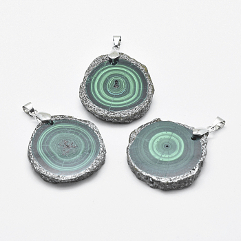 Natural Malachite Pendants, with Alloy Findings, Nuggets, Platinum, 32~42x29~34x5.5mm, Hole: 4x5mm