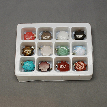 Gemstone Pendants, with Brass Clasps, Mixed Stone, Mixed Color, 24x20x6mm, Hole: 6x2mm, 12pcs/box