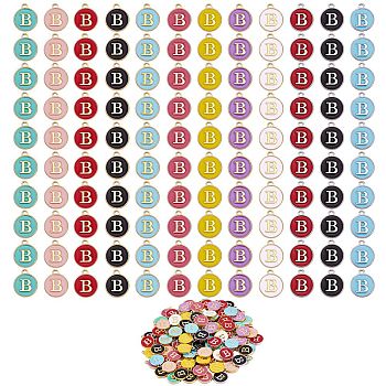 120Pcs 12 Colors Golden Plated Alloy Charms, with Enamel, Enamelled Sequins, Flat Round with Letter, Letter.B, 14x12x2mm, Hole: 1.5mm, 10pcs/color
