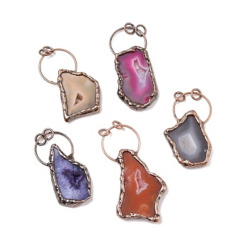 Natural Dyed Druzy Agate Big Pendants, with Red Copper Tone Brass Findings and Jump Rings, Cadmium Free & Lead Free, Polygon, Mixed Color, 57.5~77x29~45x6~8mm, Hole: 6mm