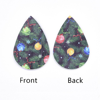 PU Leather Big Pendants, Christmas Theme, Teardrop, Colorful, 56x37x1.5mm, Hole: 1.2mm