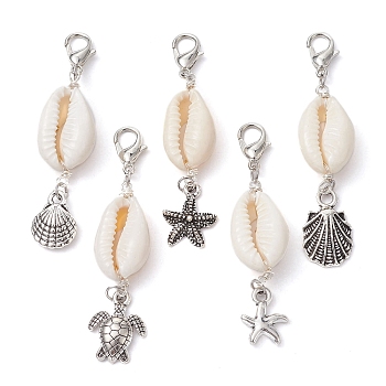 Shell Pendent Decorations, Alloy Starfish/Shell/Tortoise and Lobster Claw Clasps Charms, Antique Silver & Platinum, 53~56mm