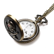 Alloy Glass Pendant Pocket Necklace, Electronic Watches, with Iron Chains and Lobster Claw Clasps, Flat Round with Skull, Antique Bronze, 18-1/2 inch(46.9cm), watches: 59x46x16mm(WACH-S002-16AB)