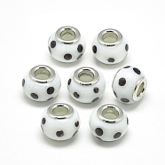 Handmade Lampwork European Beads, with Platinum Brass Double Cores, Large Hole Beads, Rondelle with Spot, White, 14x10mm, Hole: 5mm(LAMP-Q029-04)