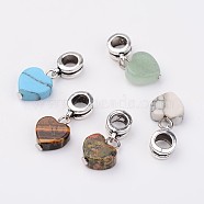 Mixed Gemstone European Dangle Charms, Natural & Synthetic, Heart Large Hole Pendants, with Alloy Hanger Links, Antique Silver, 23x10x4mm, Hole: 4.7mm(X-PALLOY-JF00245)
