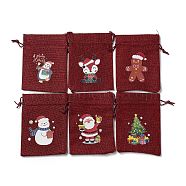 6Pcs 6 Styles Christmas Theme Rectangle Jute Bags, with Nylon Cord, Drawstring Pouches, for Gift Wrapping, Dark Red, 13~13.6x9.7~10x0.45cm, 1pc/style(ABAG-E007-01)