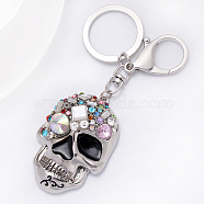 Alloy Enamel Pendant Keychain, with Rhinestone and Alloy Findings, Skull, Silver, 12cm, Pendant: 55x40mm(SKUL-PW0002-058S)