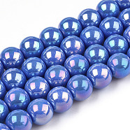 Electroplate Opaque Glass Beads Strands, AB Color Plated, Round, Royal Blue, 9.5~10mm, Hole: 1.5mm, about 40~42pcs/strand, 14.76~15.12 inch(37.5~38.4cm)(GLAA-T032-P10mm-AB11)