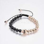 Natural Black Agate Braided Bead Bracelets, with 304 Stainless Steel Beads and Rhinestone, Skull, Rose Gold, 2-1/4 inch~3-1/2 inch(58~90mm)(BJEW-K178-34A)