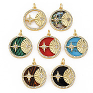 Brass Micro Pave Clear Cubic Zirconia Pendants, with Shell & Synthetic Stone & Acrylic and Jump Ring, Real 16K Gold Plated, Flat Round with Star, Nickel Free, Mixed Color, 22x19x3.5mm, Jump Ring: 5x1mm, 3mm inner diameter(KK-N227-68-NF)