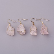 Natural Rose Quartz Dangle Earrings, with Brass Findings and Plastic Ear Nuts, Nuggets, Golden, 22~50x10~23mm, Pin: 0.7mm(EJEW-F228-A02)