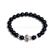 Natural Black Onyx Round Beaded Stretch Bracelet with Turtle(UL4697-9)