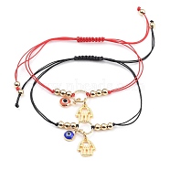 Braided Bracelets, with Nylon Thread, Handmade Evil Eye Lampwork Charms & Hamsa Hand Brass Pendants & Brass Linking Rings, Mixed Color, 5/8 inch~3-3/4 inch(1.5~9.5cm), 2pcs/set(X-BJEW-JB05347)